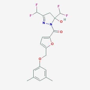 molecular formula C19H18F4N2O4 B456887 3,5-bis(difluoromethyl)-1-{5-[(3,5-dimethylphenoxy)methyl]-2-furoyl}-4,5-dihydro-1H-pyrazol-5-ol 