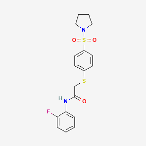 molecular formula C18H19FN2O3S2 B4568873 N-(2-fluorophenyl)-2-{[4-(1-pyrrolidinylsulfonyl)phenyl]thio}acetamide 