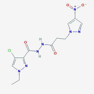 molecular formula C12H14ClN7O4 B456891 4-chloro-1-ethyl-N'-(3-{4-nitro-1H-pyrazol-1-yl}propanoyl)-1H-pyrazole-3-carbohydrazide 