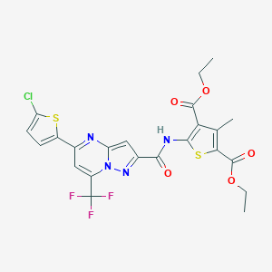 molecular formula C23H18ClF3N4O5S2 B456892 Diethyl 5-({[5-(5-chlorothiophen-2-yl)-7-(trifluoromethyl)pyrazolo[1,5-a]pyrimidin-2-yl]carbonyl}amino)-3-methylthiophene-2,4-dicarboxylate 