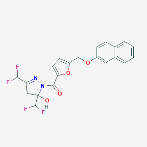 molecular formula C21H16F4N2O4 B456893 [3,5-bis(difluoromethyl)-5-hydroxy-4H-pyrazol-1-yl]-[5-(naphthalen-2-yloxymethyl)furan-2-yl]methanone 
