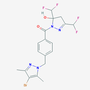 molecular formula C18H17BrF4N4O2 B456903 [3,5-bis(difluoromethyl)-5-hydroxy-4,5-dihydro-1H-pyrazol-1-yl]{4-[(4-bromo-3,5-dimethyl-1H-pyrazol-1-yl)methyl]phenyl}methanone 