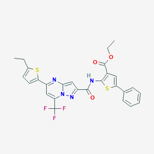 molecular formula C27H21F3N4O3S2 B456905 Ethyl 2-({[5-(5-ethyl-2-thienyl)-7-(trifluoromethyl)pyrazolo[1,5-a]pyrimidin-2-yl]carbonyl}amino)-5-phenyl-3-thiophenecarboxylate 