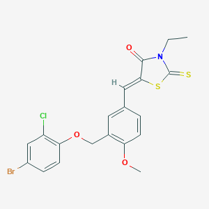 molecular formula C20H17BrClNO3S2 B456912 5-{3-[(4-Bromo-2-chlorophenoxy)methyl]-4-methoxybenzylidene}-3-ethyl-2-thioxo-1,3-thiazolidin-4-one 