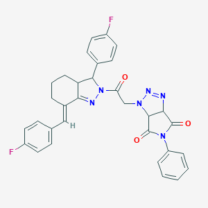molecular formula C32H26F2N6O3 B456914 1-{2-[7-(4-fluorobenzylidene)-3-(4-fluorophenyl)-3,3a,4,5,6,7-hexahydro-2H-indazol-2-yl]-2-oxoethyl}-5-phenyl-3a,6a-dihydropyrrolo[3,4-d][1,2,3]triazole-4,6(1H,5H)-dione 