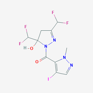 molecular formula C10H9F4IN4O2 B456924 3,5-bis(difluoromethyl)-1-[(4-iodo-1-methyl-1H-pyrazol-5-yl)carbonyl]-4,5-dihydro-1H-pyrazol-5-ol 