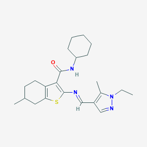 molecular formula C23H32N4OS B456931 N-cyclohexyl-2-{[(1-ethyl-5-methyl-1H-pyrazol-4-yl)methylene]amino}-6-methyl-4,5,6,7-tetrahydro-1-benzothiophene-3-carboxamide 