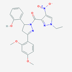 molecular formula C23H23N5O6 B456935 2-[3-(2,4-dimethoxyphenyl)-1-({1-ethyl-4-nitro-1H-pyrazol-3-yl}carbonyl)-4,5-dihydro-1H-pyrazol-5-yl]phenol 