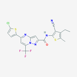 molecular formula C20H13ClF3N5OS2 B456960 5-(5-chlorothiophen-2-yl)-N-(3-cyano-4-ethyl-5-methylthiophen-2-yl)-7-(trifluoromethyl)pyrazolo[1,5-a]pyrimidine-2-carboxamide 