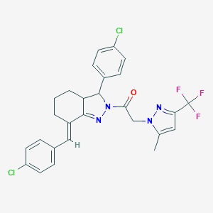 molecular formula C27H23Cl2F3N4O B456963 7-(4-chlorobenzylidene)-3-(4-chlorophenyl)-2-{[5-methyl-3-(trifluoromethyl)-1H-pyrazol-1-yl]acetyl}-3,3a,4,5,6,7-hexahydro-2H-indazole 