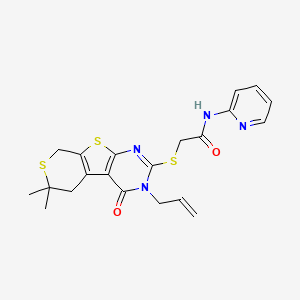 molecular formula C21H22N4O2S3 B4569646 2-[(12,12-dimethyl-3-oxo-4-prop-2-enyl-8,11-dithia-4,6-diazatricyclo[7.4.0.02,7]trideca-1(9),2(7),5-trien-5-yl)sulfanyl]-N-pyridin-2-ylacetamide 