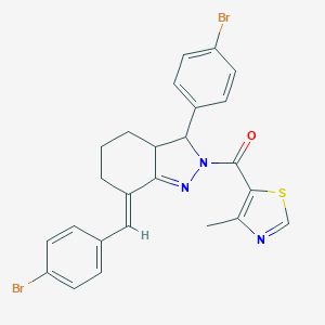molecular formula C25H21Br2N3OS B456974 7-(4-bromobenzylidene)-3-(4-bromophenyl)-2-[(4-methyl-1,3-thiazol-5-yl)carbonyl]-3,3a,4,5,6,7-hexahydro-2H-indazole 