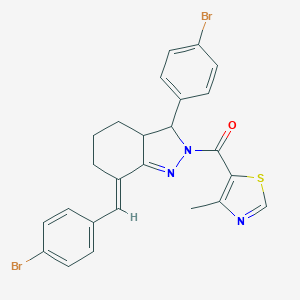 molecular formula C25H21Br2N3OS B456974 {3-(4-BROMOPHENYL)-7-[(E)-1-(4-BROMOPHENYL)METHYLIDENE]-3,3A,4,5,6,7-HEXAHYDRO-2H-INDAZOL-2-YL}(4-METHYL-1,3-THIAZOL-5-YL)METHANONE 