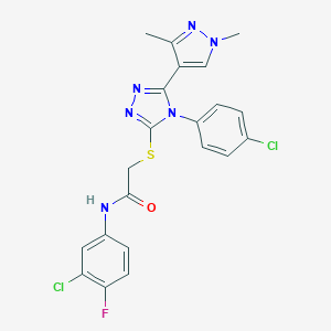 molecular formula C21H17Cl2FN6OS B456980 N-(3-chloro-4-fluorophenyl)-2-{[4-(4-chlorophenyl)-5-(1,3-dimethyl-1H-pyrazol-4-yl)-4H-1,2,4-triazol-3-yl]sulfanyl}acetamide 