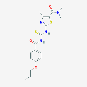 molecular formula C18H22N4O3S2 B456984 N,N,4-trimethyl-2-({[(4-propoxybenzoyl)amino]carbothioyl}amino)-1,3-thiazole-5-carboxamide 