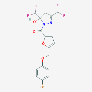 molecular formula C17H13BrF4N2O4 B456986 1-{5-[(4-bromophenoxy)methyl]-2-furoyl}-3,5-bis(difluoromethyl)-4,5-dihydro-1H-pyrazol-5-ol 