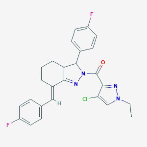 molecular formula C26H23ClF2N4O B456996 (4-chloro-1-ethyl-1H-pyrazol-3-yl)[(7E)-7-(4-fluorobenzylidene)-3-(4-fluorophenyl)-3,3a,4,5,6,7-hexahydro-2H-indazol-2-yl]methanone 