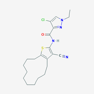 molecular formula C21H27ClN4OS B457005 4-chloro-N-(3-cyano-4,5,6,7,8,9,10,11,12,13-decahydrocyclododeca[b]thiophen-2-yl)-1-ethyl-1H-pyrazole-3-carboxamide 