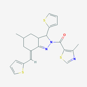 molecular formula C22H21N3OS3 B457014 (4-methyl-1,3-thiazol-5-yl)[(7E)-5-methyl-3-(thiophen-2-yl)-7-(thiophen-2-ylmethylidene)-3,3a,4,5,6,7-hexahydro-2H-indazol-2-yl]methanone 