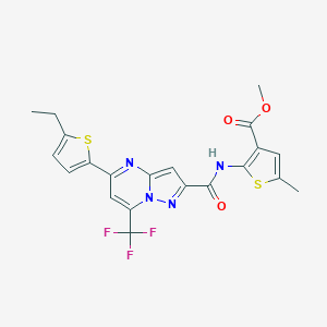 molecular formula C21H17F3N4O3S2 B457021 Methyl 2-({[5-(5-ethyl-2-thienyl)-7-(trifluoromethyl)pyrazolo[1,5-a]pyrimidin-2-yl]carbonyl}amino)-5-methyl-3-thiophenecarboxylate 