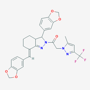 molecular formula C29H25F3N4O5 B457024 3-(1,3-benzodioxol-5-yl)-7-(1,3-benzodioxol-5-ylmethylene)-2-{[5-methyl-3-(trifluoromethyl)-1H-pyrazol-1-yl]acetyl}-3,3a,4,5,6,7-hexahydro-2H-indazole 