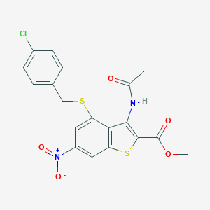 molecular formula C19H15ClN2O5S2 B457036 Methyl 3-(acetylamino)-4-[(4-chlorobenzyl)sulfanyl]-6-nitro-1-benzothiophene-2-carboxylate 