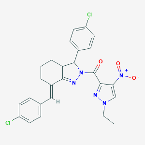 molecular formula C26H23Cl2N5O3 B457054 7-(4-chlorobenzylidene)-3-(4-chlorophenyl)-2-({1-ethyl-4-nitro-1H-pyrazol-3-yl}carbonyl)-3,3a,4,5,6,7-hexahydro-2H-indazole 