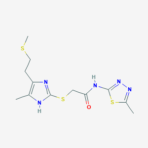 molecular formula C12H17N5OS3 B4570575 N-(5-METHYL-1,3,4-THIADIAZOL-2-YL)-2-({4-METHYL-5-[2-(METHYLSULFANYL)ETHYL]-1H-IMIDAZOL-2-YL}SULFANYL)ACETAMIDE 