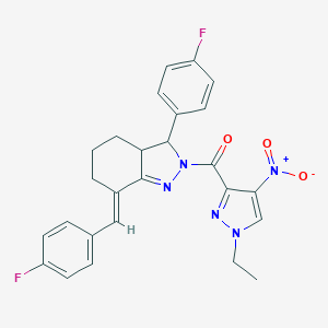 2-({1-ethyl-4-nitro-1H-pyrazol-3-yl}carbonyl)-7-(4-fluorobenzylidene)-3-(4-fluorophenyl)-3,3a,4,5,6,7-hexahydro-2H-indazole