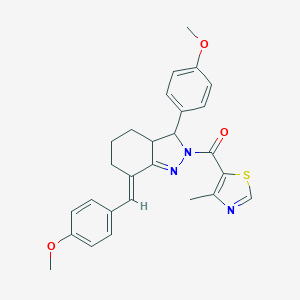 molecular formula C27H27N3O3S B457070 7-(4-methoxybenzylidene)-3-(4-methoxyphenyl)-2-[(4-methyl-1,3-thiazol-5-yl)carbonyl]-3,3a,4,5,6,7-hexahydro-2H-indazole 