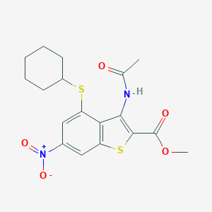 molecular formula C18H20N2O5S2 B457082 Methyl 3-(acetylamino)-4-(cyclohexylsulfanyl)-6-nitro-1-benzothiophene-2-carboxylate 