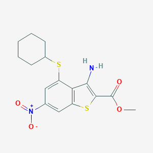 molecular formula C16H18N2O4S2 B457090 Methyl 3-amino-4-(cyclohexylsulfanyl)-6-nitro-1-benzothiophene-2-carboxylate 