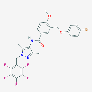 molecular formula C27H21BrF5N3O3 B457094 3-[(4-bromophenoxy)methyl]-N-[3,5-dimethyl-1-(pentafluorobenzyl)-1H-pyrazol-4-yl]-4-methoxybenzamide 