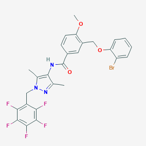 molecular formula C27H21BrF5N3O3 B457099 3-[(2-bromophenoxy)methyl]-N-[3,5-dimethyl-1-(pentafluorobenzyl)-1H-pyrazol-4-yl]-4-methoxybenzamide 