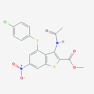 molecular formula C18H13ClN2O5S2 B457101 Methyl 3-(acetylamino)-4-[(4-chlorophenyl)sulfanyl]-6-nitro-1-benzothiophene-2-carboxylate 