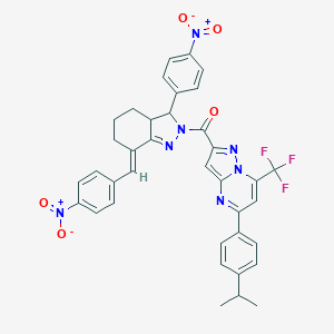 molecular formula C37H30F3N7O5 B457105 2-[(7-{4-nitrobenzylidene}-3-{4-nitrophenyl}-3,3a,4,5,6,7-hexahydro-2H-indazol-2-yl)carbonyl]-5-(4-isopropylphenyl)-7-(trifluoromethyl)pyrazolo[1,5-a]pyrimidine 