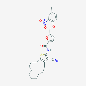 molecular formula C28H31N3O5S B457122 N-(3-cyano-4,5,6,7,8,9,10,11,12,13-decahydrocyclododeca[b]thiophen-2-yl)-5-[(4-methyl-2-nitrophenoxy)methyl]furan-2-carboxamide 