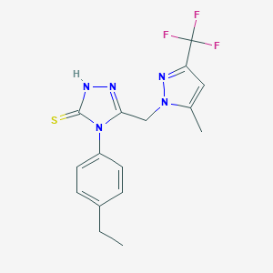 molecular formula C16H16F3N5S B457131 4-(4-ethylphenyl)-5-{[5-methyl-3-(trifluoromethyl)-1H-pyrazol-1-yl]methyl}-4H-1,2,4-triazol-3-yl hydrosulfide 