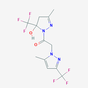 molecular formula C12H12F6N4O2 B457147 3-methyl-1-{[5-methyl-3-(trifluoromethyl)-1H-pyrazol-1-yl]acetyl}-5-(trifluoromethyl)-4,5-dihydro-1H-pyrazol-5-ol 