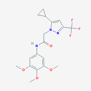 molecular formula C18H20F3N3O4 B457150 2-[5-cyclopropyl-3-(trifluoromethyl)-1H-pyrazol-1-yl]-N-(3,4,5-trimethoxyphenyl)acetamide 