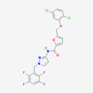 molecular formula C22H13Cl2F4N3O3 B457152 5-[(2,5-dichlorophenoxy)methyl]-N-[1-(2,3,5,6-tetrafluorobenzyl)-1H-pyrazol-3-yl]-2-furamide 