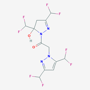 molecular formula C12H10F8N4O2 B457154 1-{[3,5-bis(difluoromethyl)-1H-pyrazol-1-yl]acetyl}-3,5-bis(difluoromethyl)-4,5-dihydro-1H-pyrazol-5-ol 