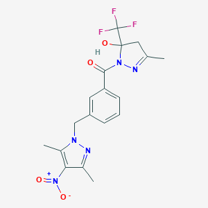 molecular formula C18H18F3N5O4 B457174 {3-[(3,5-dimethyl-4-nitro-1H-pyrazol-1-yl)methyl]phenyl}[5-hydroxy-3-methyl-5-(trifluoromethyl)-4,5-dihydro-1H-pyrazol-1-yl]methanone 