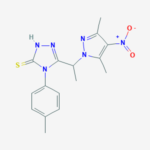 molecular formula C16H18N6O2S B457176 3-(1-{4-nitro-3,5-dimethyl-1H-pyrazol-1-yl}ethyl)-4-(4-methylphenyl)-5-sulfanyl-4H-1,2,4-triazole 