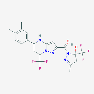 molecular formula C21H21F6N5O2 B457186 1-{[5-(3,4-dimethylphenyl)-7-(trifluoromethyl)-4,5,6,7-tetrahydropyrazolo[1,5-a]pyrimidin-2-yl]carbonyl}-3-methyl-5-(trifluoromethyl)-4,5-dihydro-1H-pyrazol-5-ol 