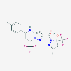 molecular formula C21H21F6N5O2 B457186 [5-(3,4-dimethylphenyl)-7-(trifluoromethyl)-4,5,6,7-tetrahydropyrazolo[1,5-a]pyrimidin-2-yl][5-hydroxy-3-methyl-5-(trifluoromethyl)-4,5-dihydro-1H-pyrazol-1-yl]methanone 