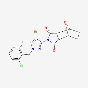 molecular formula C18H14BrClFN3O3 B4571885 4-[4-bromo-1-(2-chloro-6-fluorobenzyl)-1H-pyrazol-3-yl]-10-oxa-4-azatricyclo[5.2.1.0~2,6~]decane-3,5-dione 