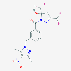 molecular formula C18H17F4N5O4 B457191 3,5-bis(difluoromethyl)-1-[3-({4-nitro-3,5-dimethyl-1H-pyrazol-1-yl}methyl)benzoyl]-4,5-dihydro-1H-pyrazol-5-ol 