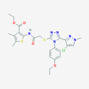 molecular formula C25H27ClN6O4S2 B457194 ethyl 2-[({[5-(4-chloro-1-methyl-1H-pyrazol-3-yl)-4-(4-ethoxyphenyl)-4H-1,2,4-triazol-3-yl]sulfanyl}acetyl)amino]-4,5-dimethyl-3-thiophenecarboxylate 