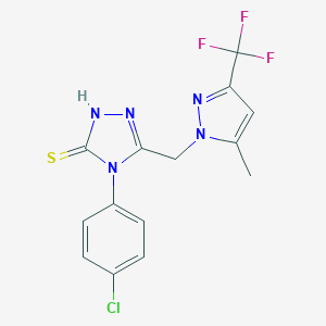 molecular formula C14H11ClF3N5S B457195 4-(4-chlorophenyl)-5-{[5-methyl-3-(trifluoromethyl)-1H-pyrazol-1-yl]methyl}-4H-1,2,4-triazol-3-yl hydrosulfide 
